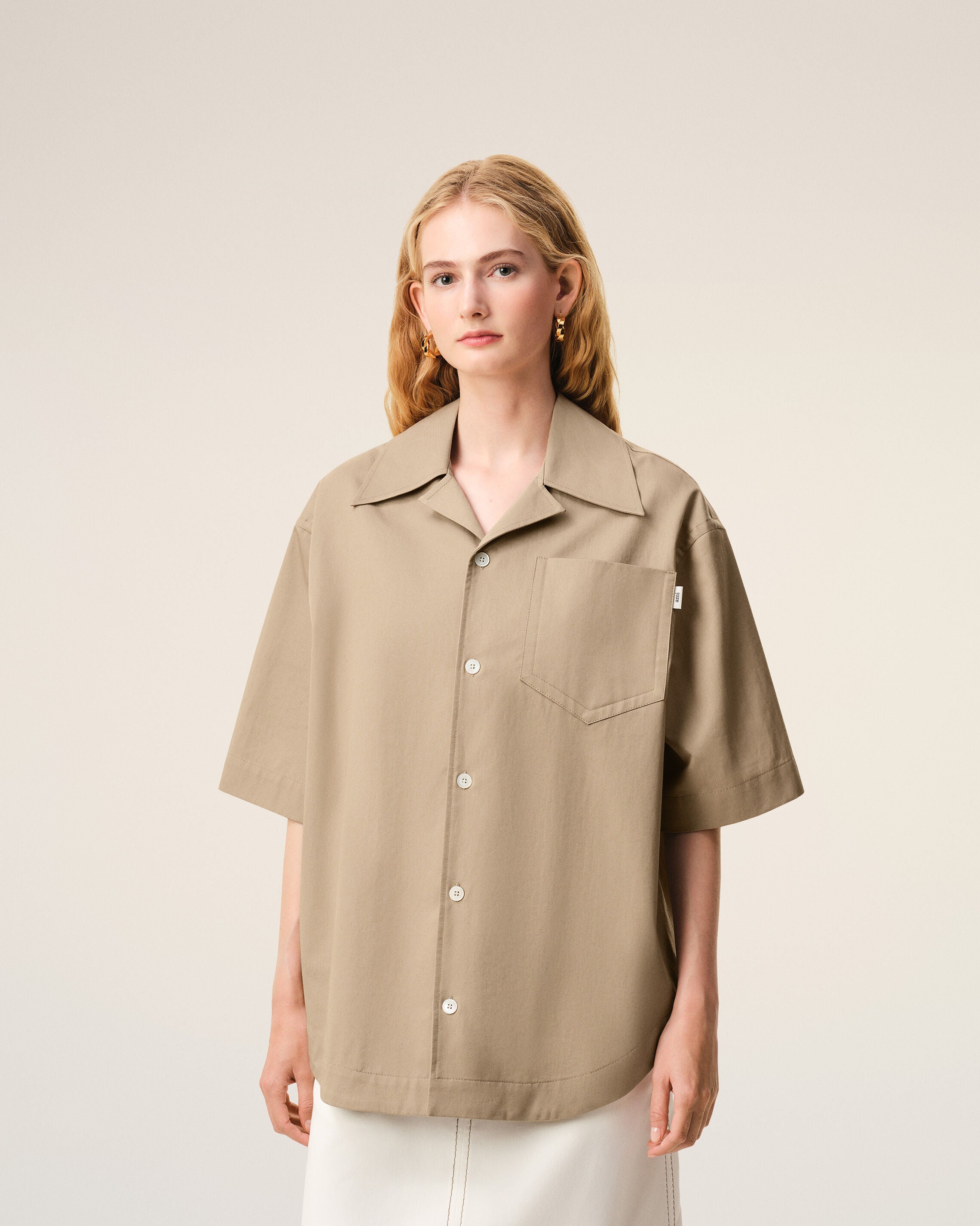 Beige Cotton Short Sleeve Camp Collar Wide Shirt