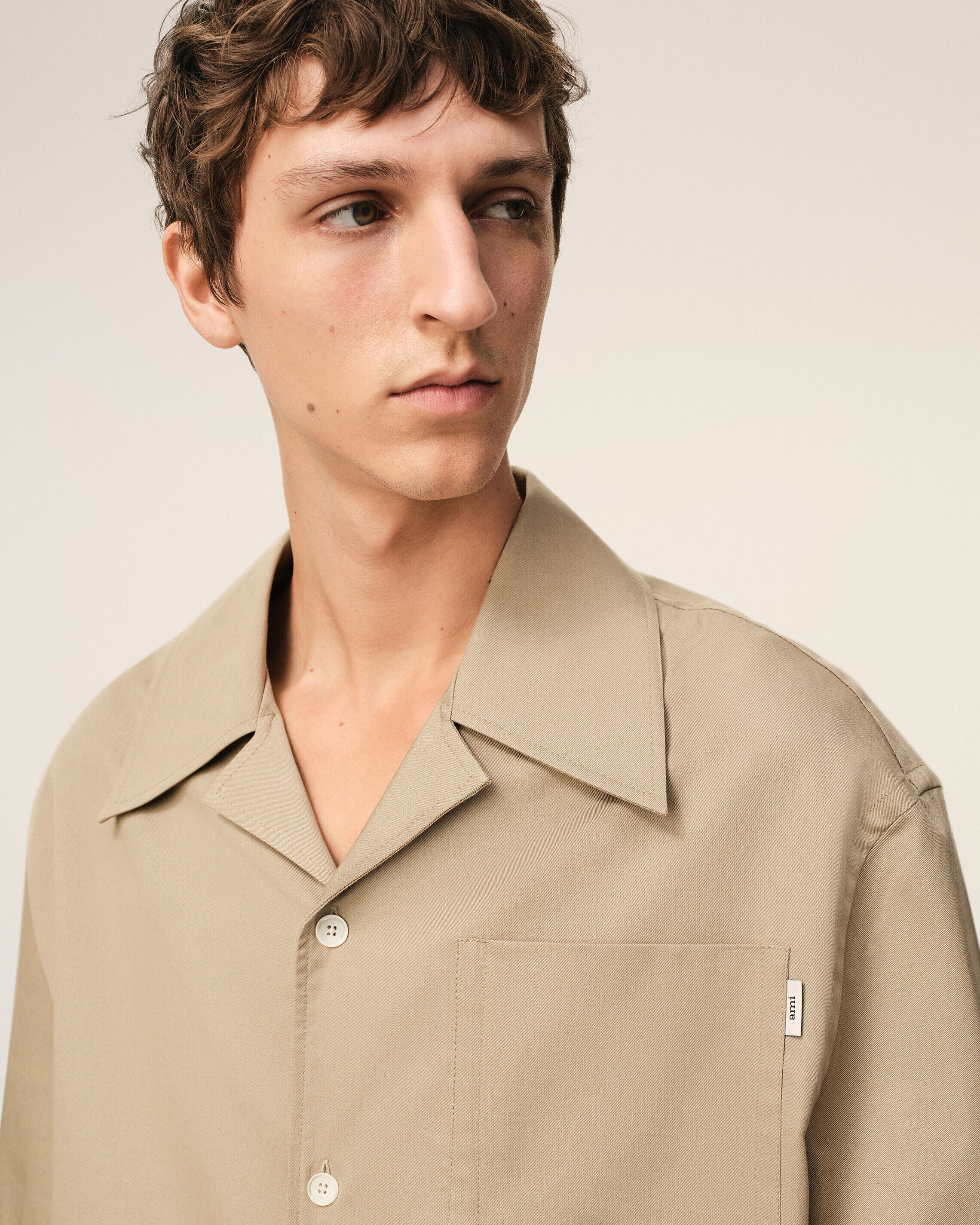 Beige Cotton Short Sleeve Camp Collar Wide Shirt