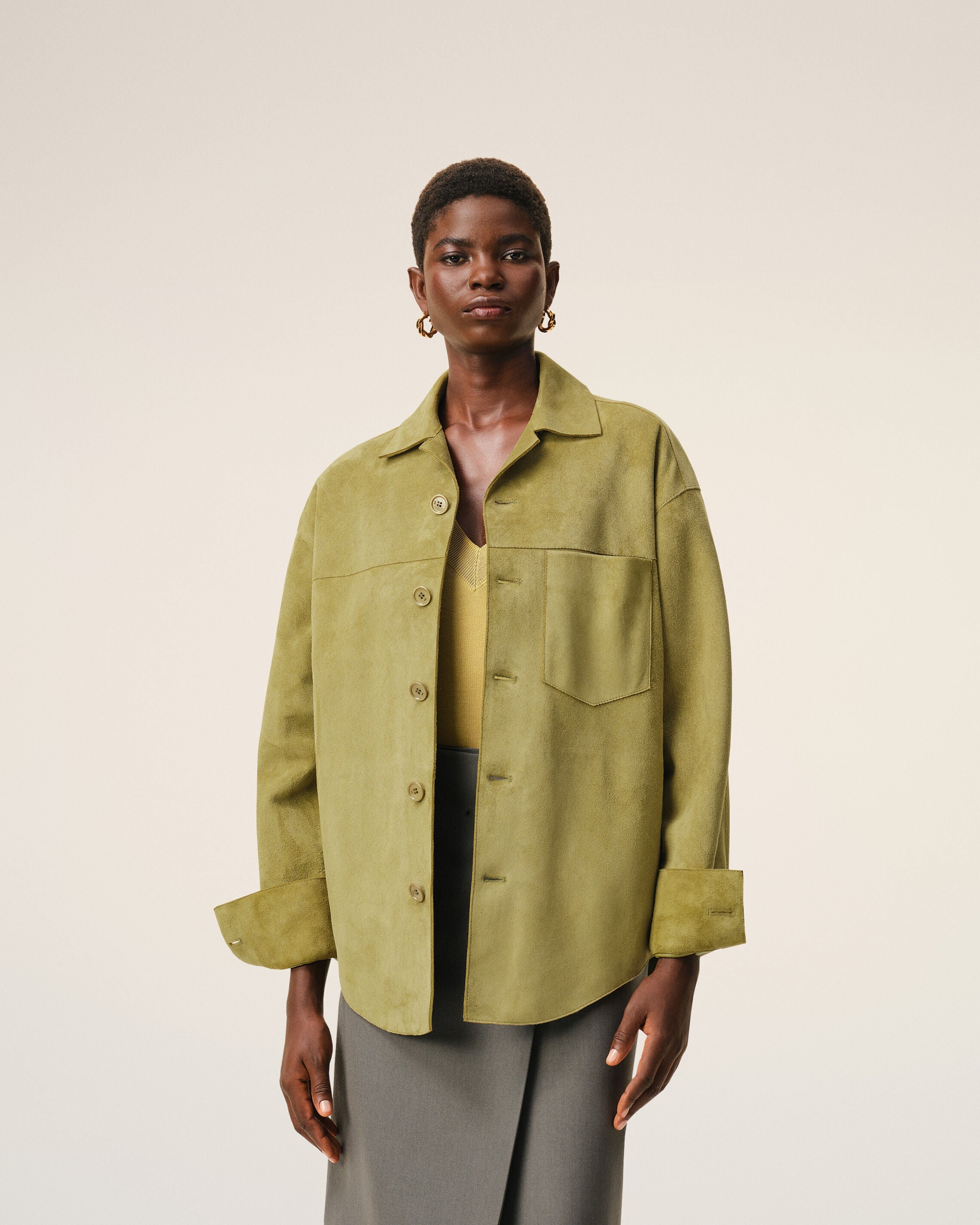 Green Goat Leather Buttoned Overshirt