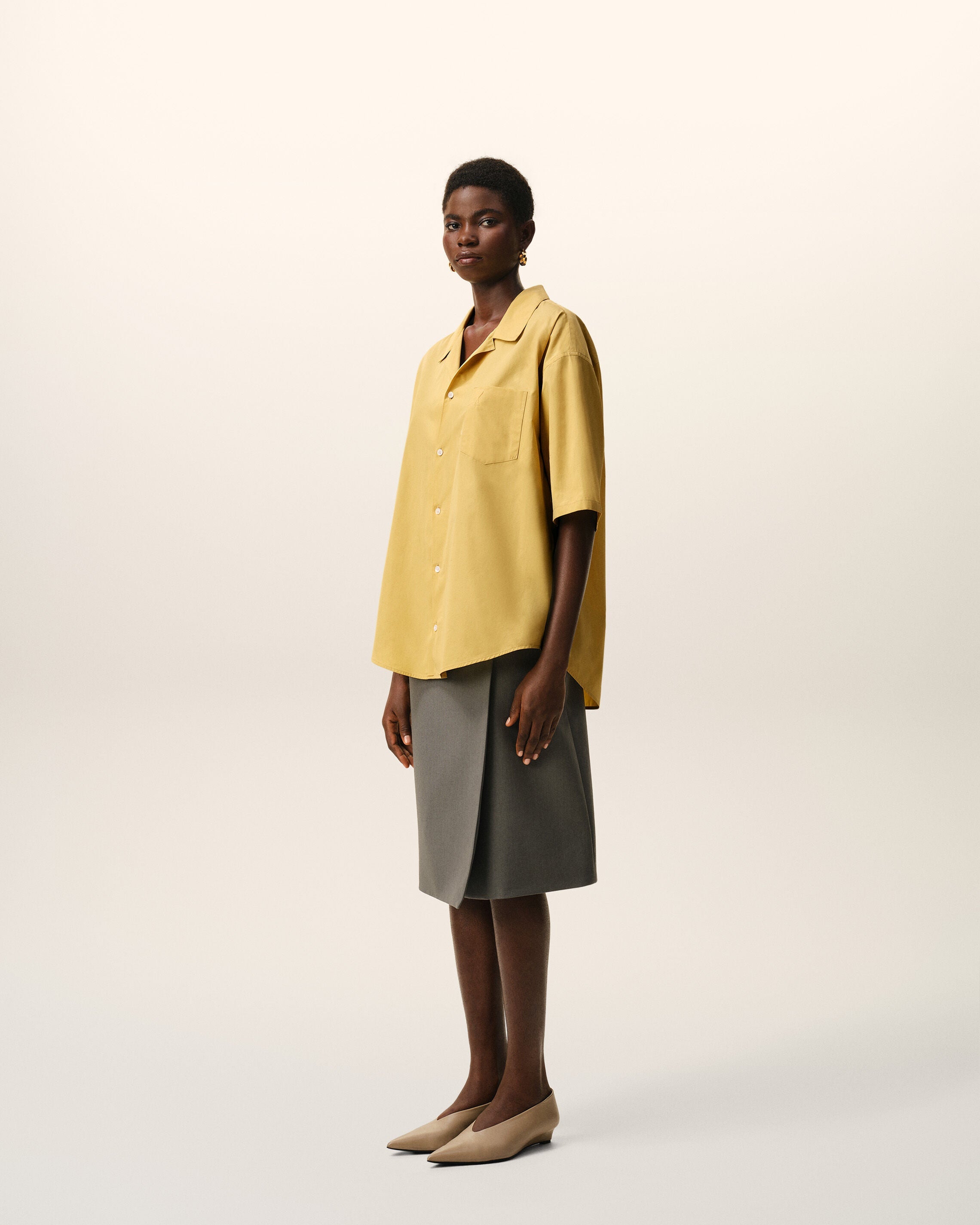Yellow Cotton Short Sleeve Camp Collar Boxy Shirt