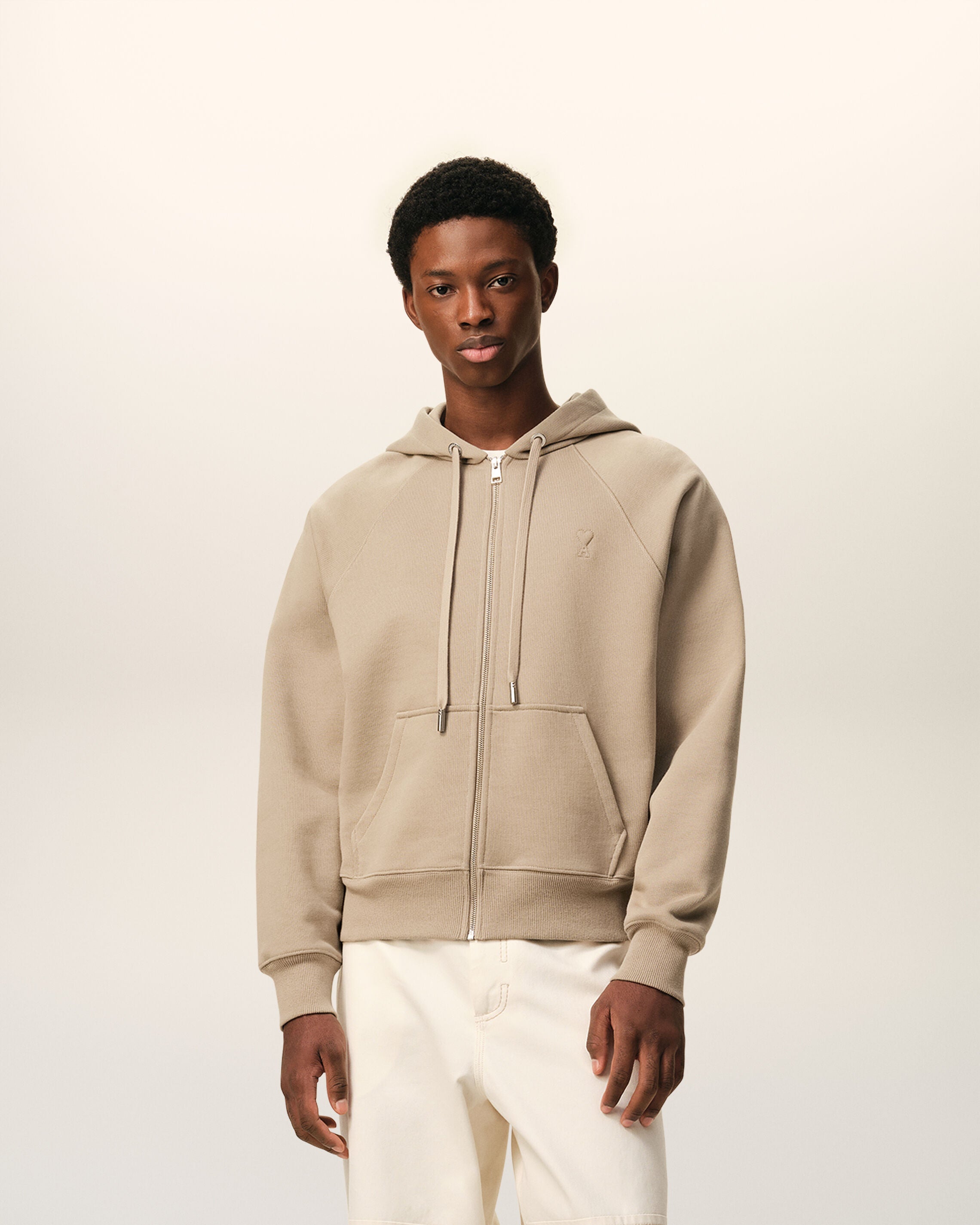 Beige Cotton Embossed Ami De Coeur Zipped Hoodie