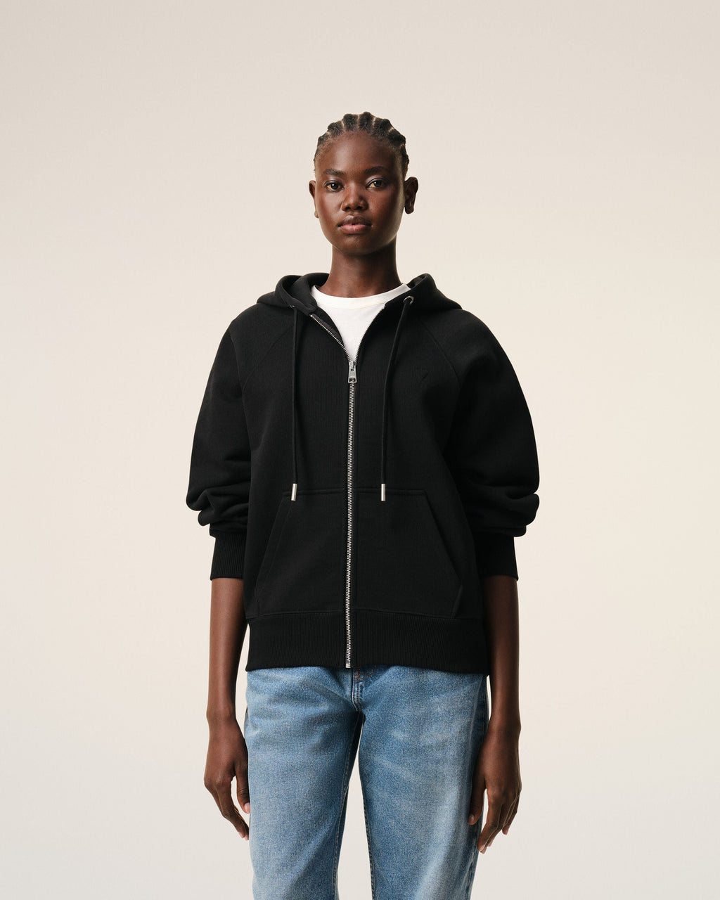 Black Cotton Embossed Ami De Coeur Zipped Hoodie