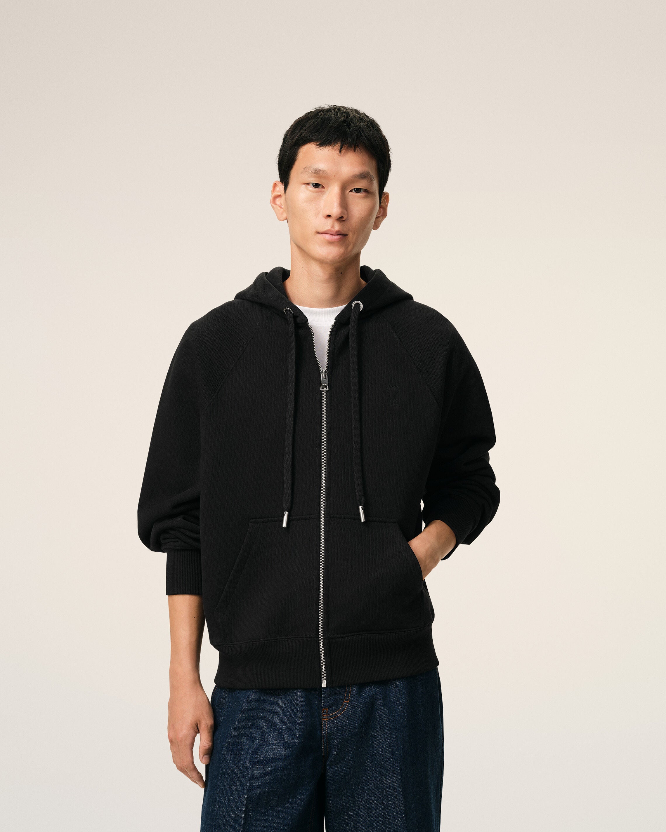 Black Cotton Embossed Ami De Coeur Zipped Hoodie