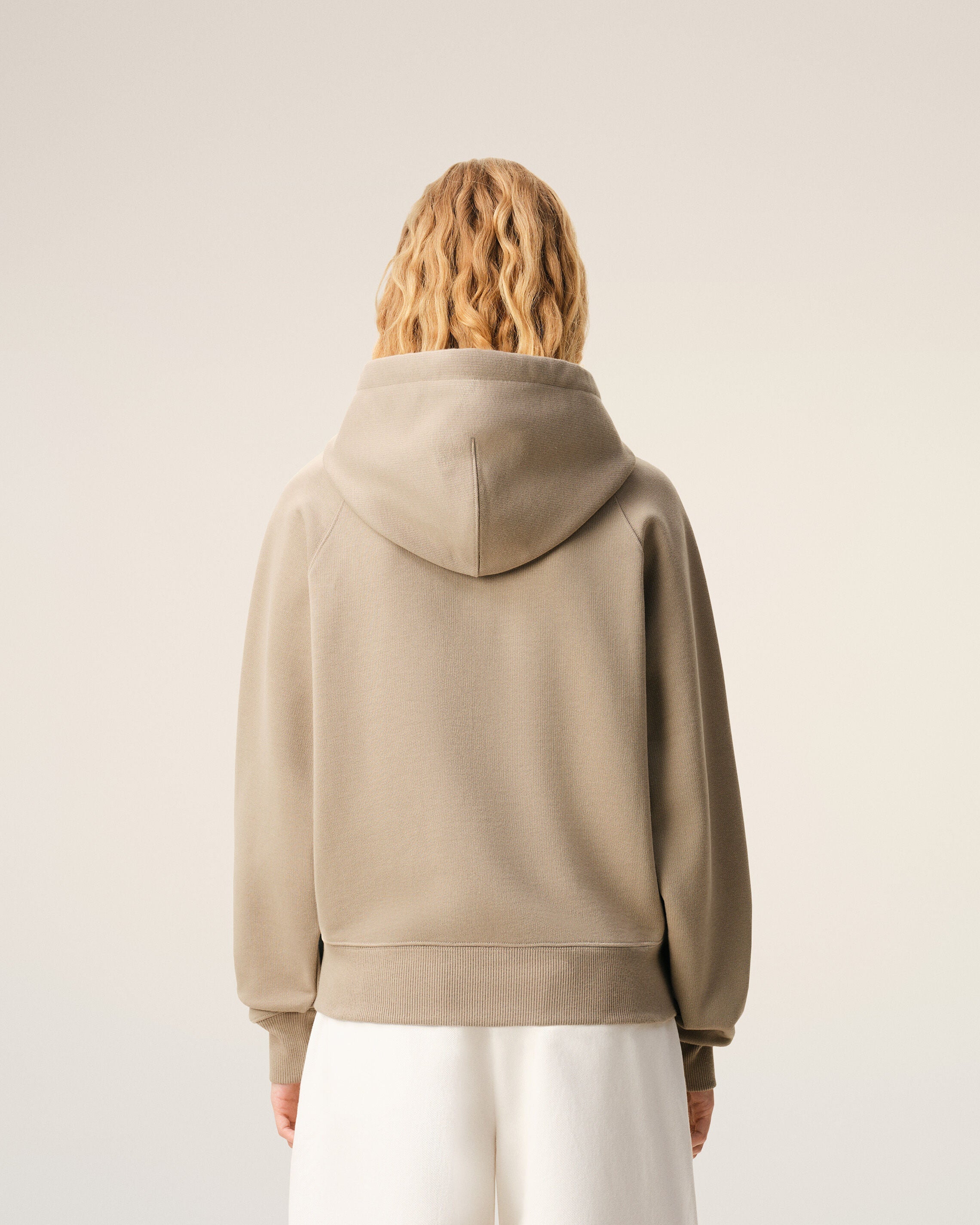 Beige Cotton Embossed Ami De Coeur Zipped Hoodie