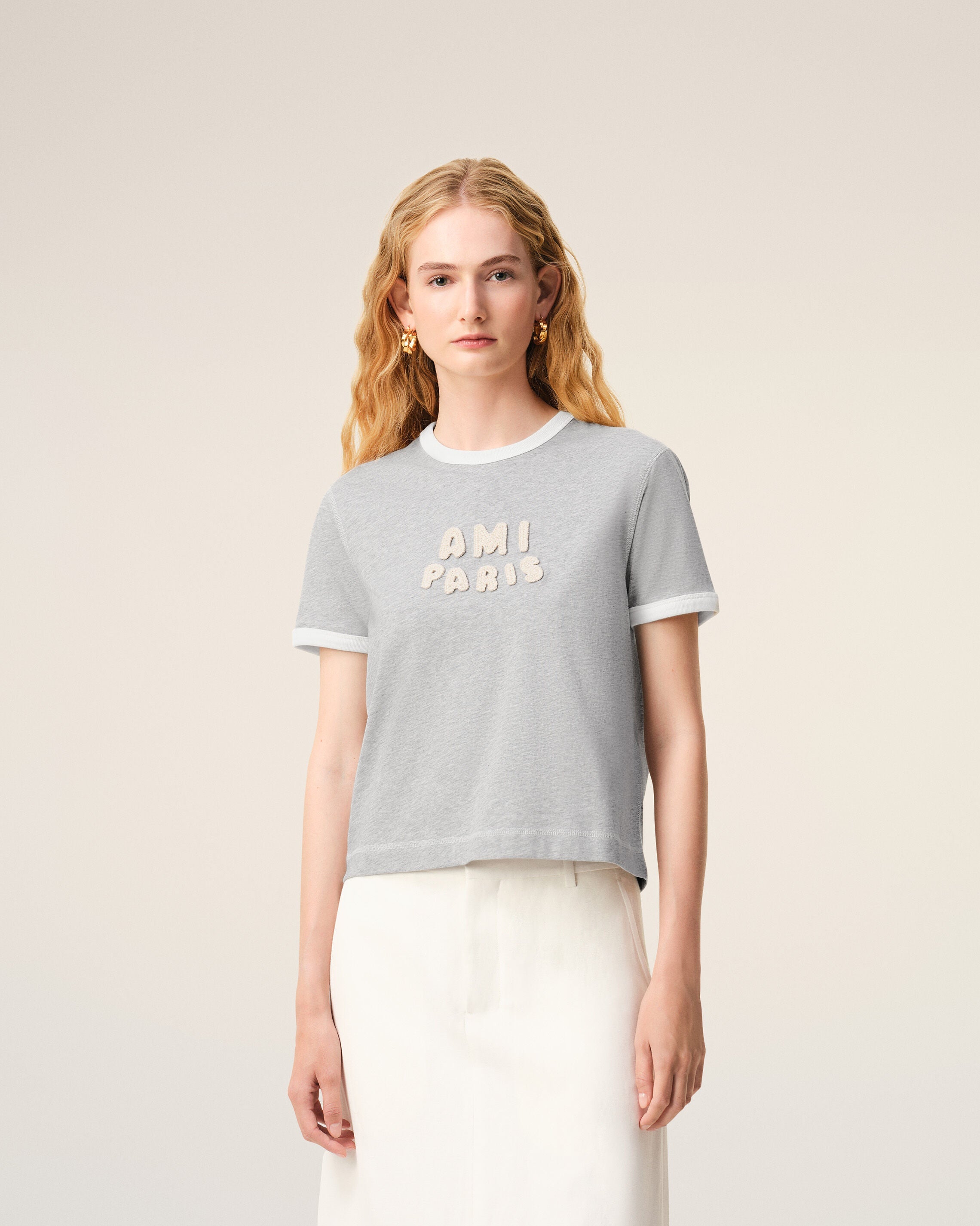 Grey Cotton Ami Paris Knitted Patch T-shirt