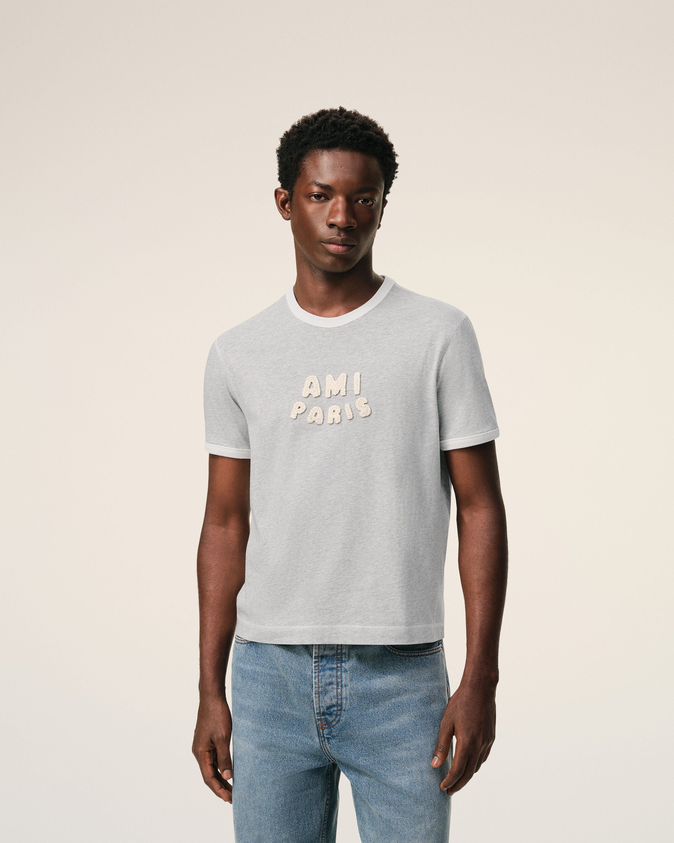 Grey Cotton Ami Paris Knitted Patch T-shirt