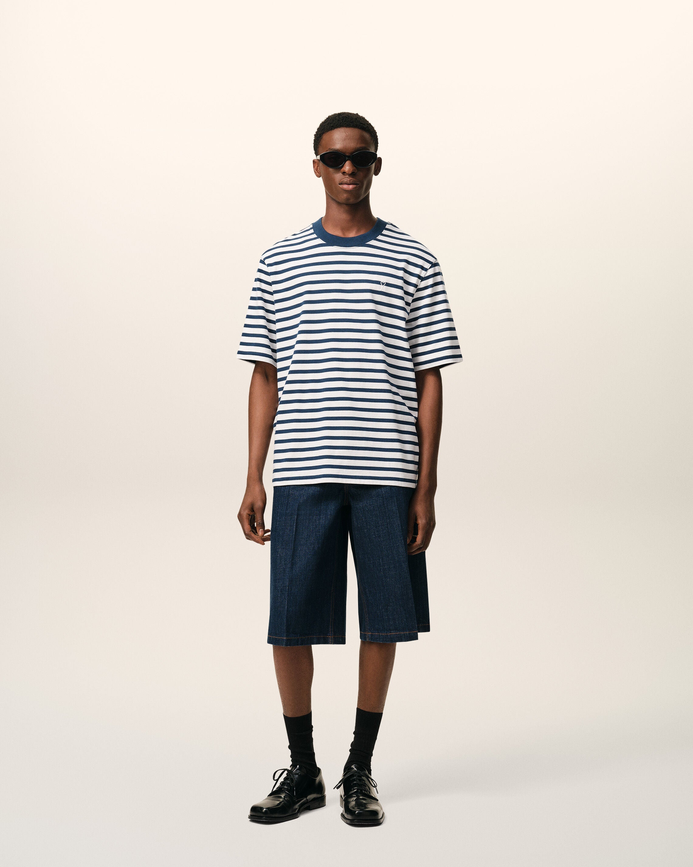 Blue Cotton Boxy Fit Mariniere Ami De Coeur T-shirt