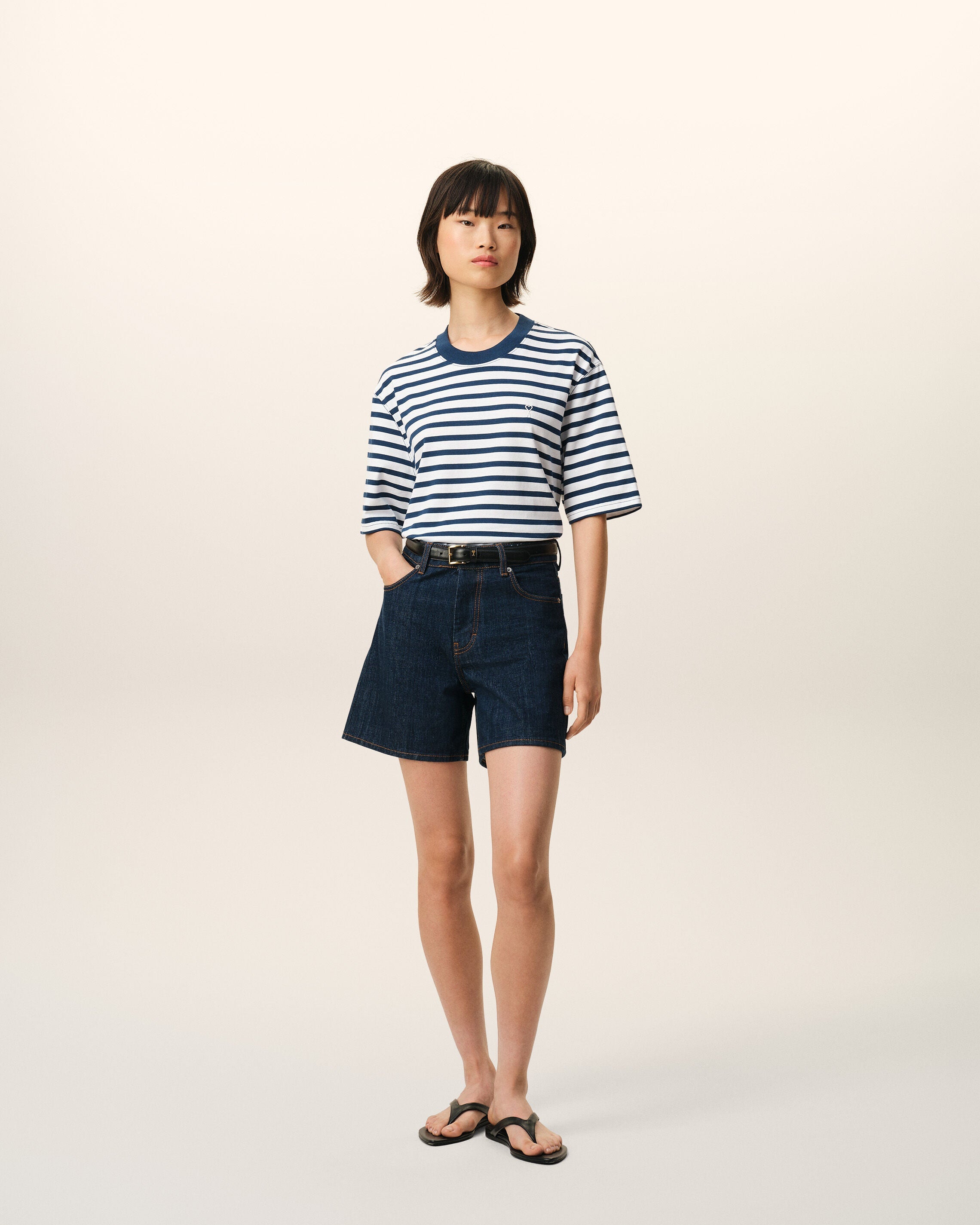 Blue Cotton Boxy Fit Mariniere Ami De Coeur T-shirt